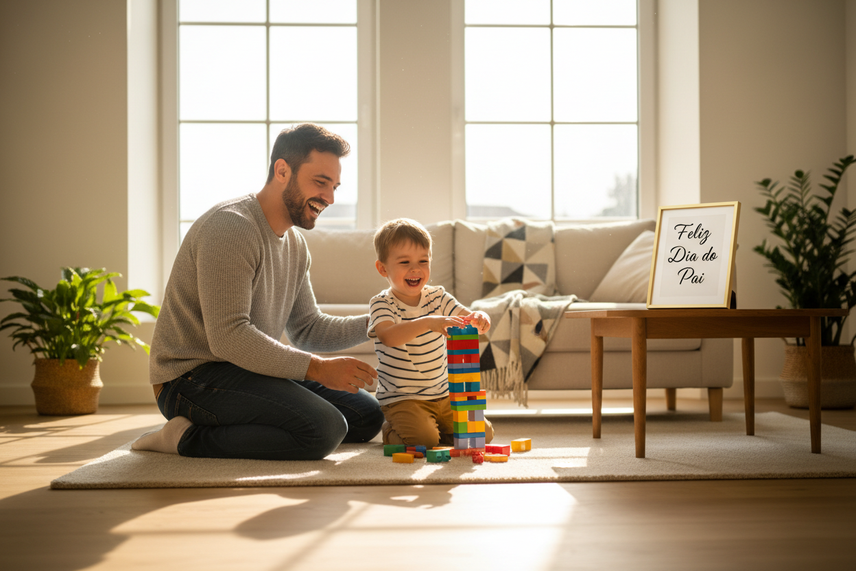 Essa imagem está ótima, mas coloca o texto como se estiver numa moldura em cima da mesa "Feliz Dia do Pai"